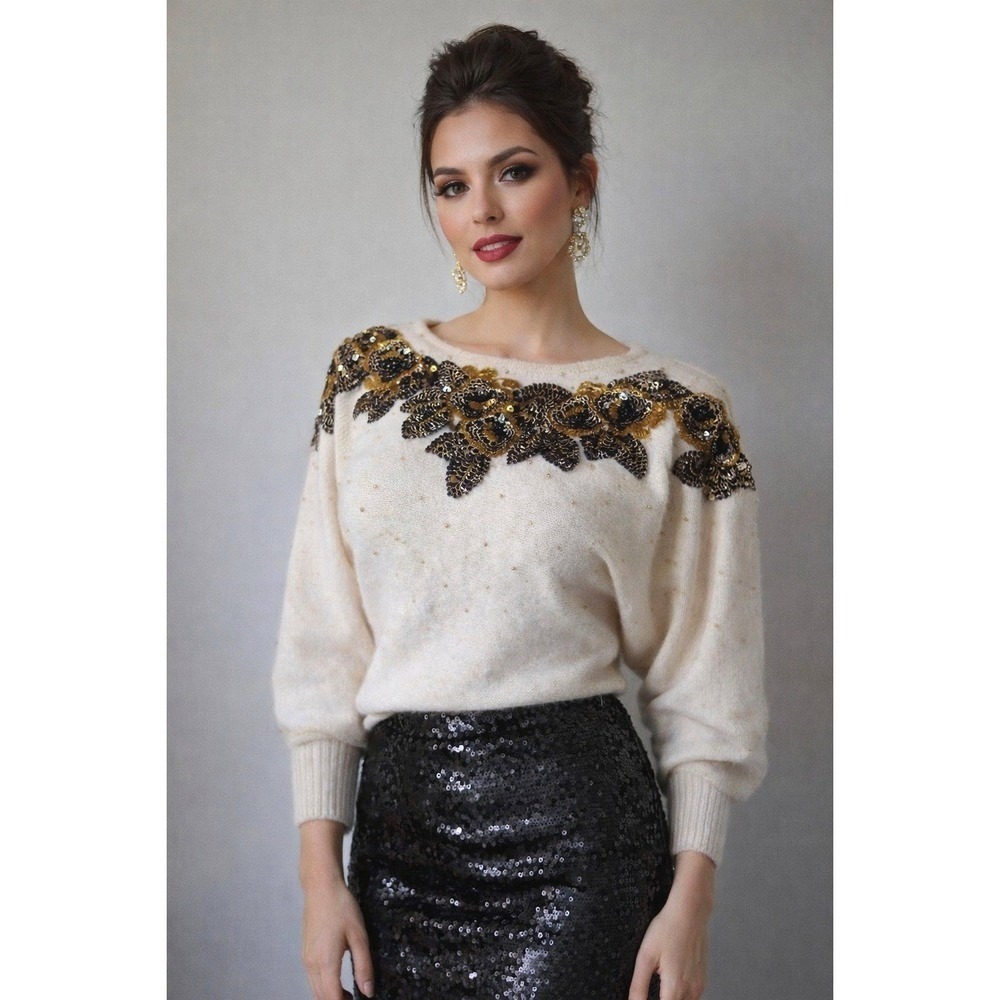 Cedars Embellished Silk Wool Knit Dolman Sweater Sz M Vtg 80s Luxury Maximalist